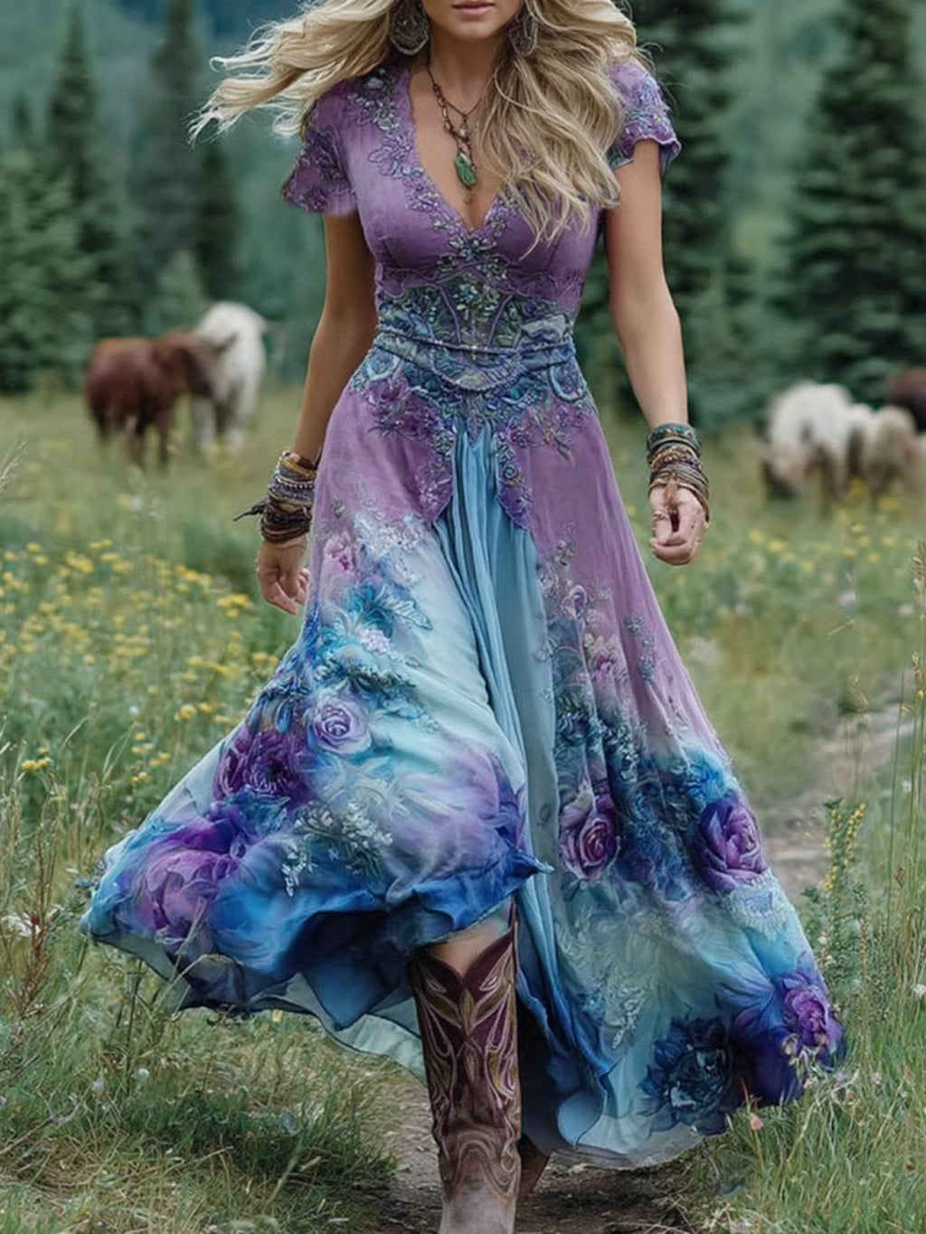 Classy Gradient Purple Lavender And Floral Printed Short Maxi Dress