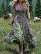Classy Gradient Purple Lavender And Floral Printed Short Maxi Dress